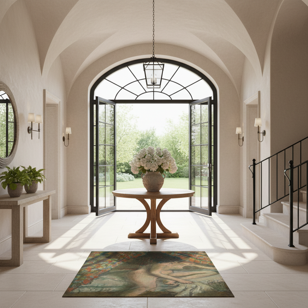 A large rectangular area rug with a classical painting-style print of a winged figure in soft earthy tones, displayed on a light stone entryway floor in front of open double doors.