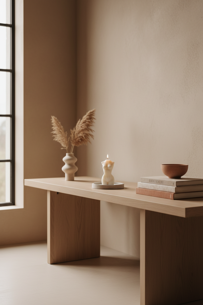 A minimalist light wood console table in a warm beige room, styled with a small ceramic vase of pampas grass, a sculptural candle, a stack of books, and a small bowl.