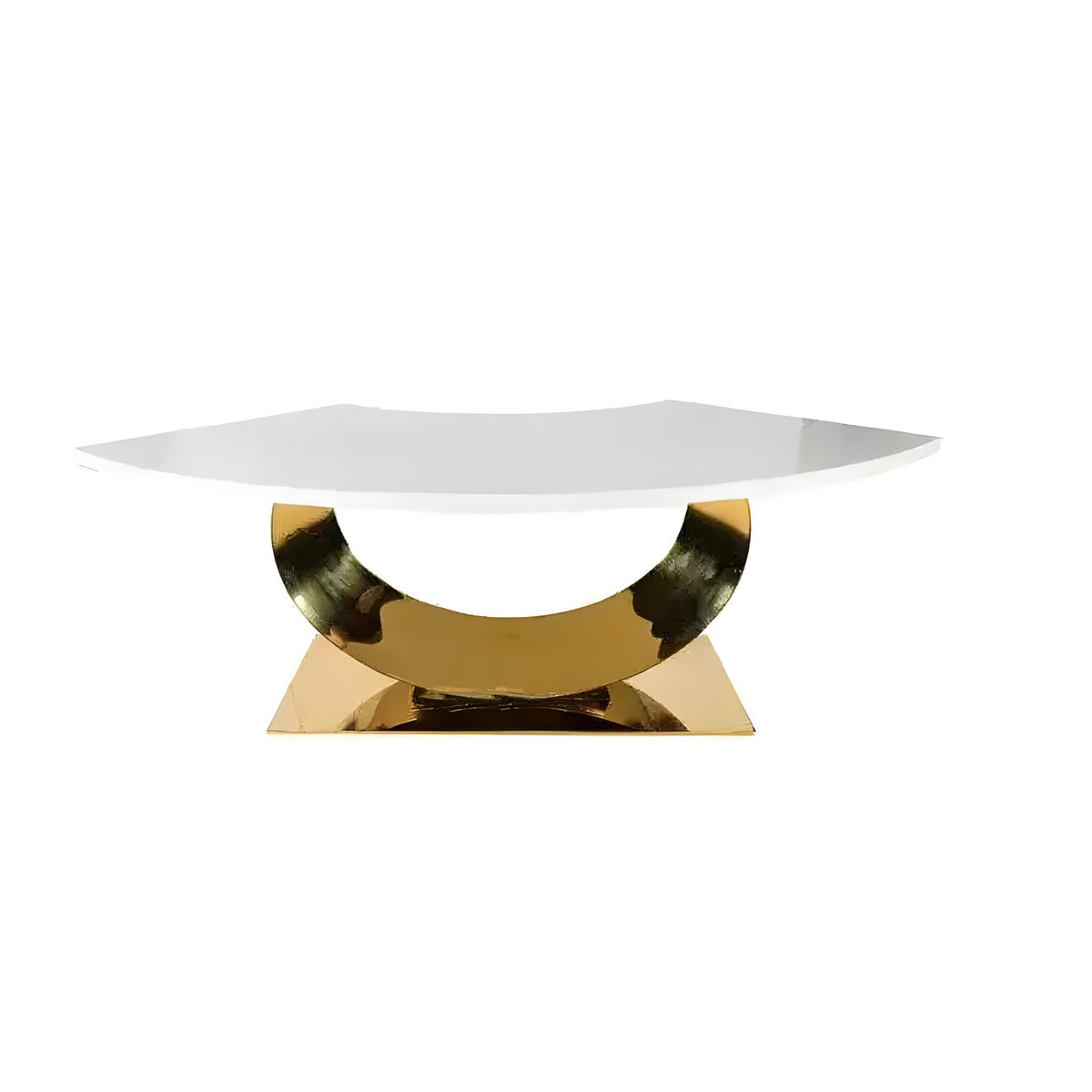 Half moon marble table top on a polished gold curved stainless steel base on white background