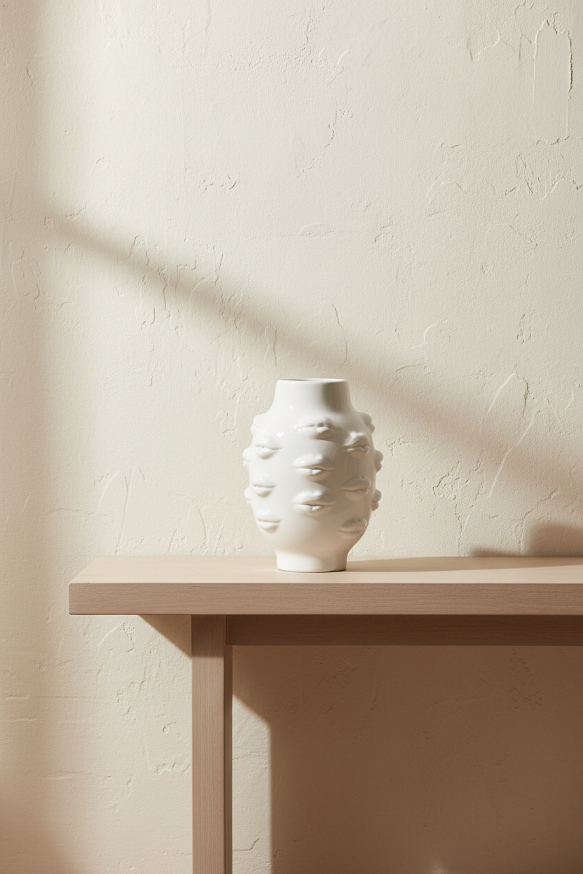 A white ceramic vase with a textured, raised floral pattern sits on a light wood console table against a textured beige wall with soft diagonal shadows.