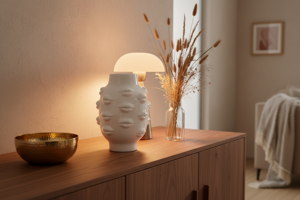 A white ceramic vase with a textured, raised lip pattern sits on a wooden sideboard in a warmly lit room, next to a gold bowl, a lit table lamp, and a glass vase with dried grasses.