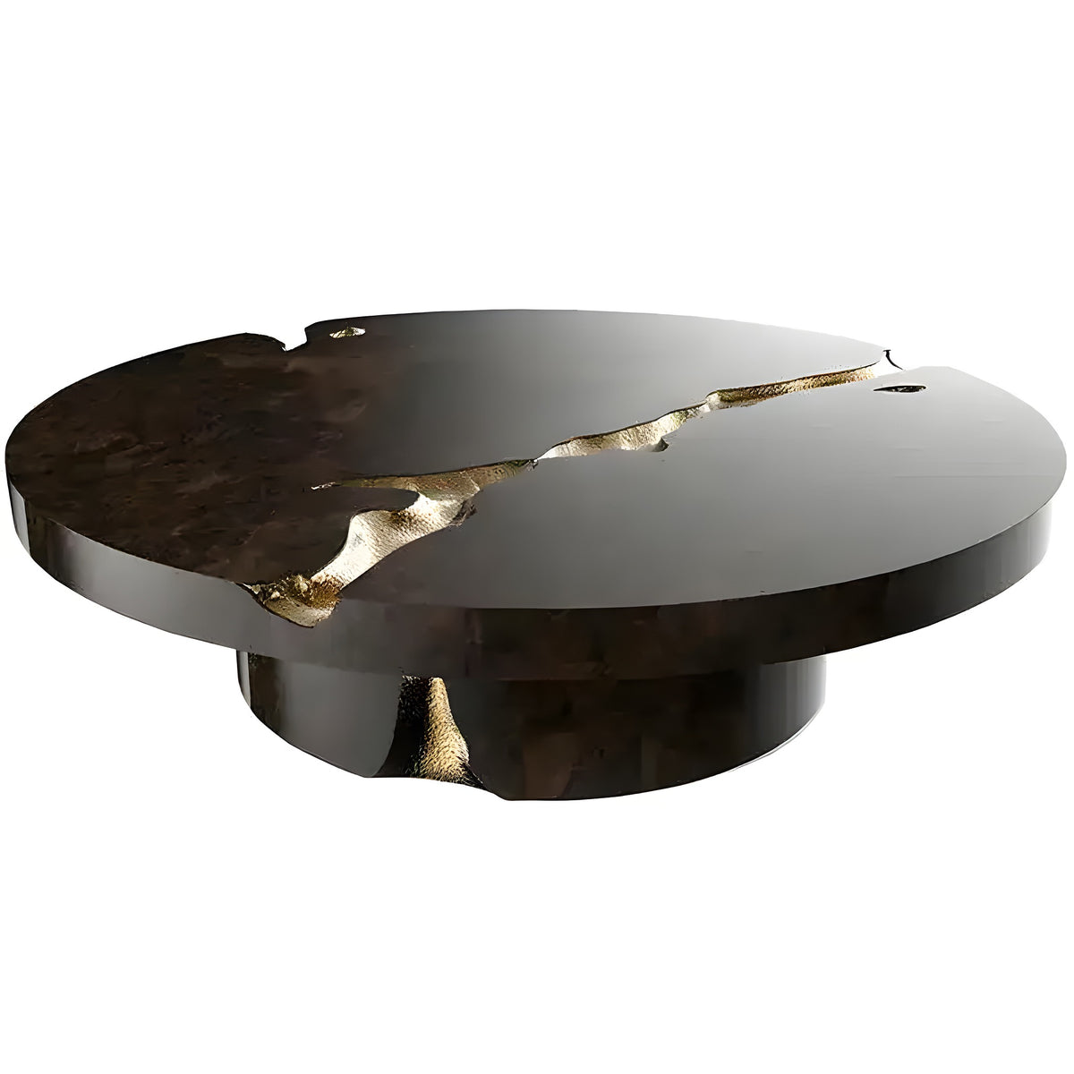Gold cracked round coffee table on white — dark espresso circular top with dramatic gold fissure, pedestal base