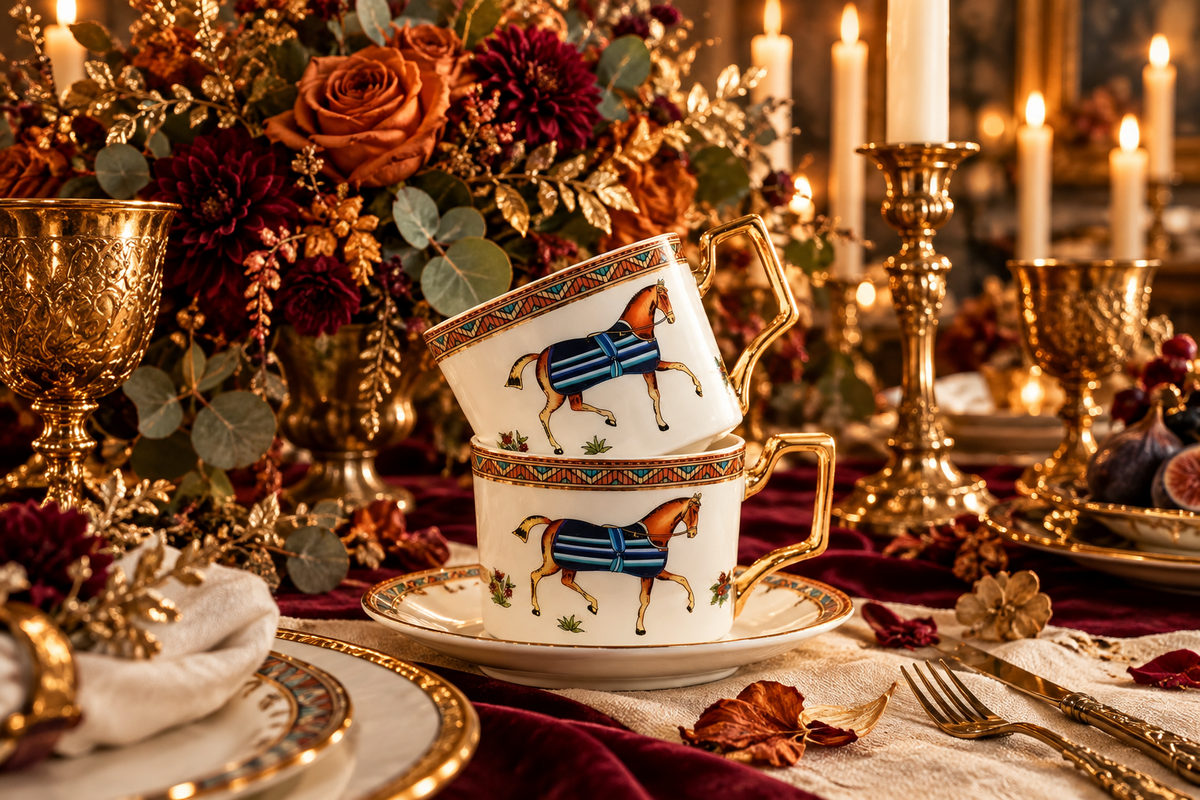 Vintage Bright Horse Bone China Mug and Saucer Set