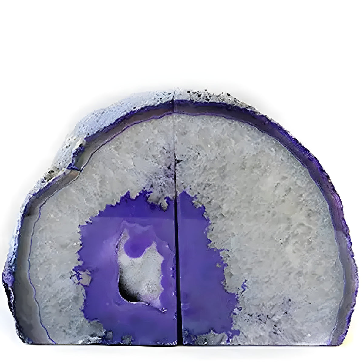 Pair of purple natural agate bookends with white quartz crystal center and violet banding, arch shape, white background