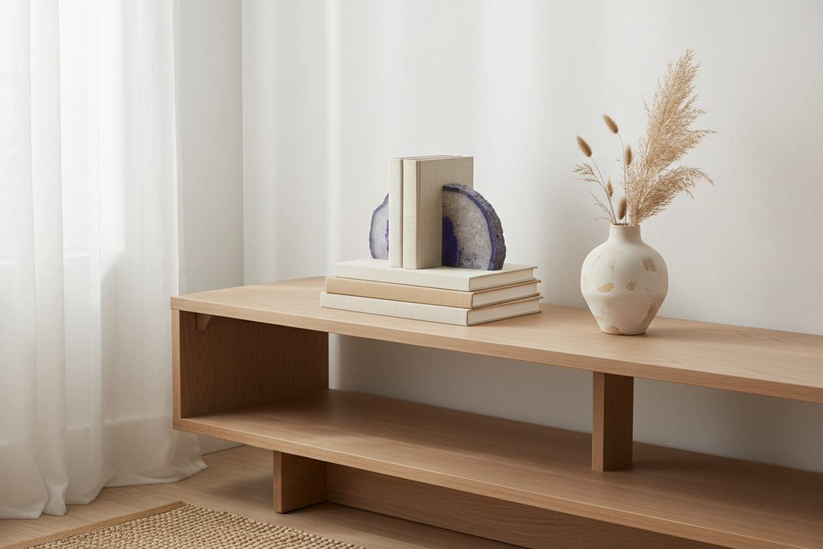 A light natural wood TV stand or console shelf styled with a stack of books, blue agate bookends, and a ceramic vase with dried pampas grass against a white wall and sheer curtain.