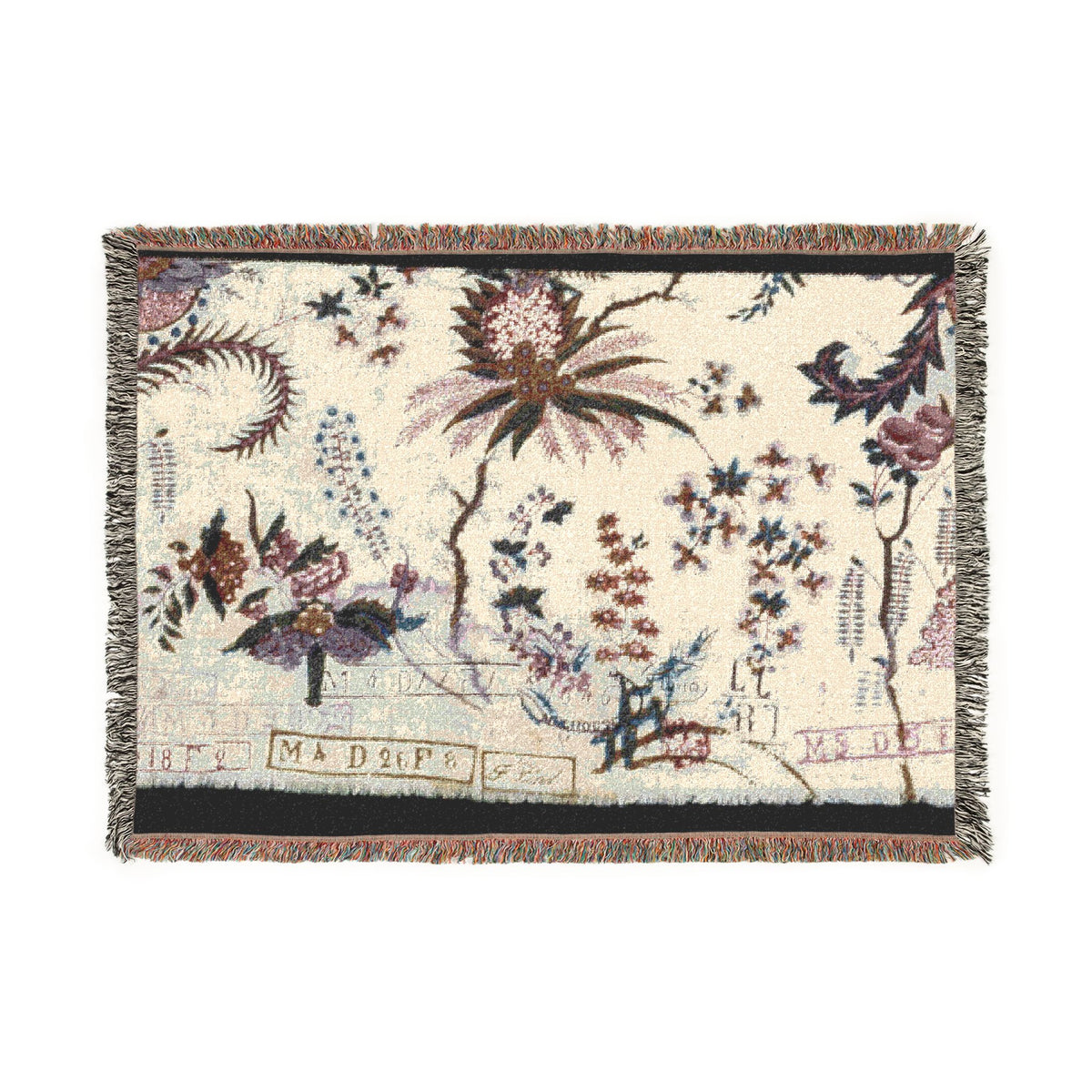 A square woven throw blanket featuring a botanical and vintage postmark design on an off-white background, finished with fringed edges.