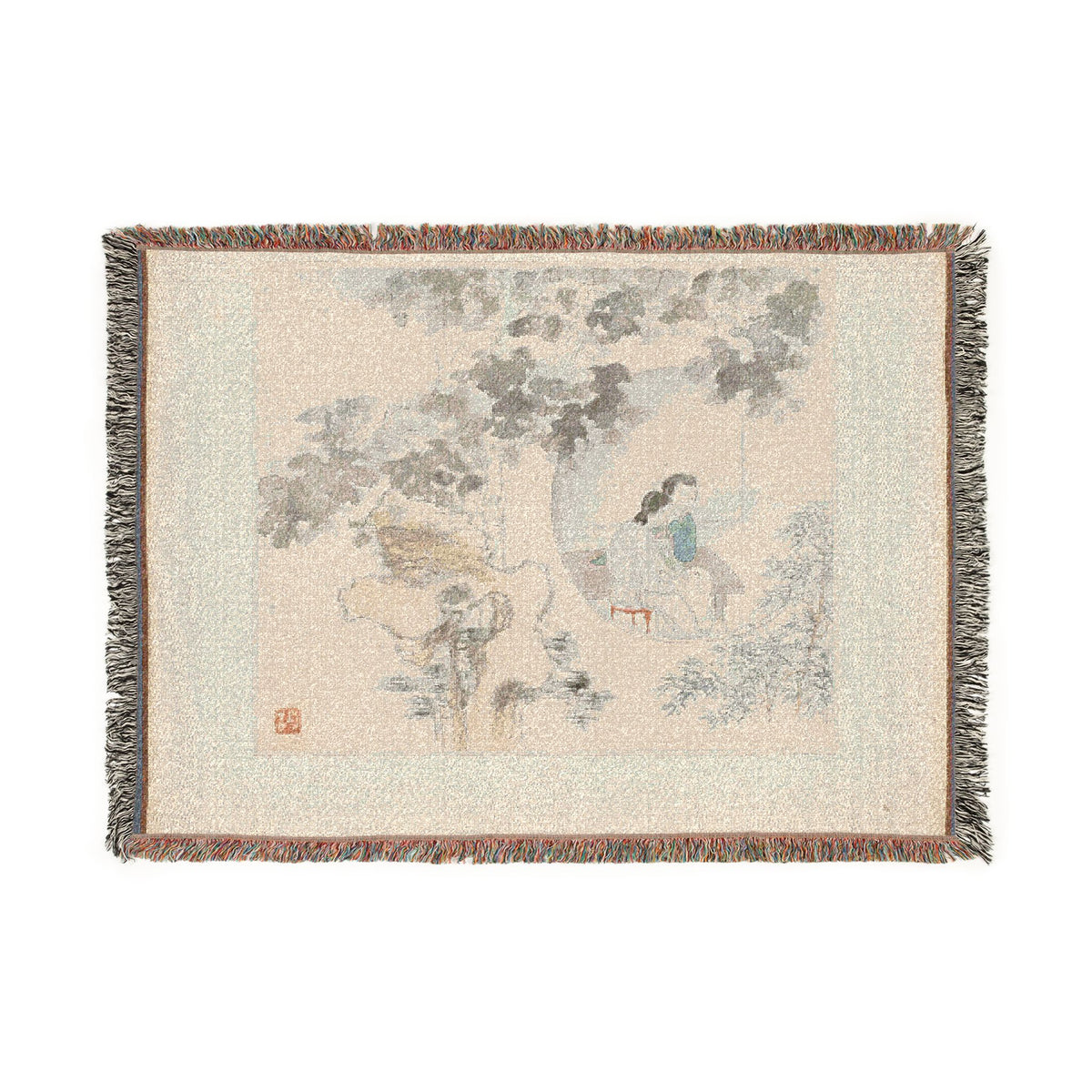 A rectangular woven throw blanket with fringed edges, featuring a traditional Chinese landscape painting print in muted tones of gray, beige, and brown, with a small red seal.