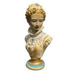 Gold-gilded Marie Antoinette bust with painted face, blue gemstone crown and jeweled neckline on turquoise and gold pedestal