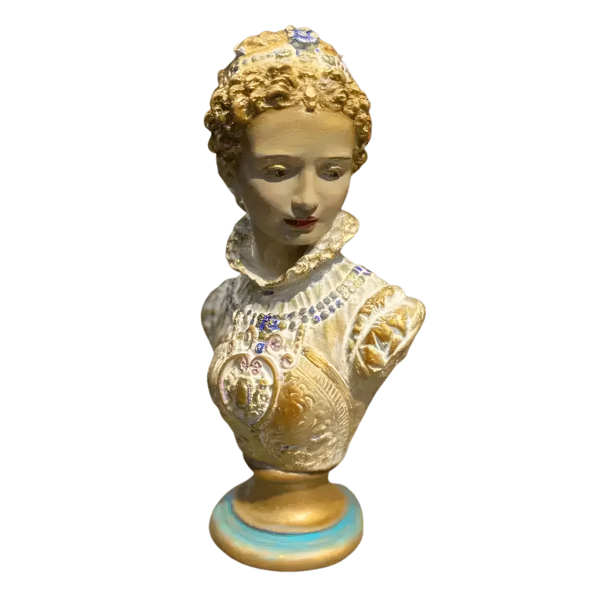 Gold-gilded Marie Antoinette bust with painted face, blue gemstone crown and jeweled neckline on turquoise and gold pedestal