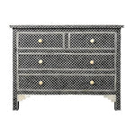 Black and ivory fish scale bone inlay 4-drawer chest with round bone knobs on white background