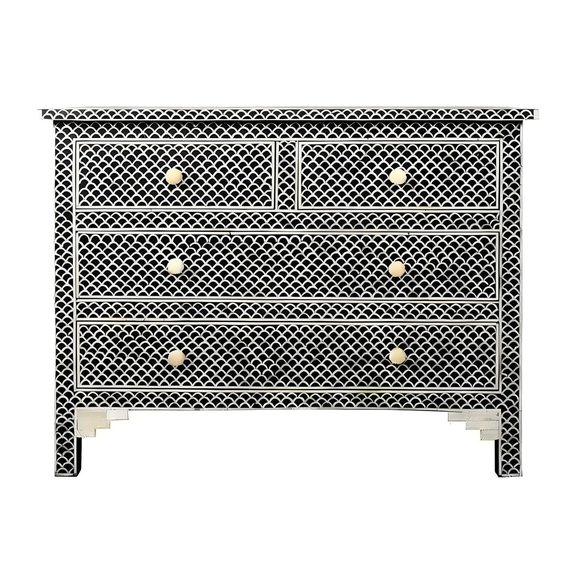 Black and ivory fish scale bone inlay 4-drawer chest with round bone knobs on white background