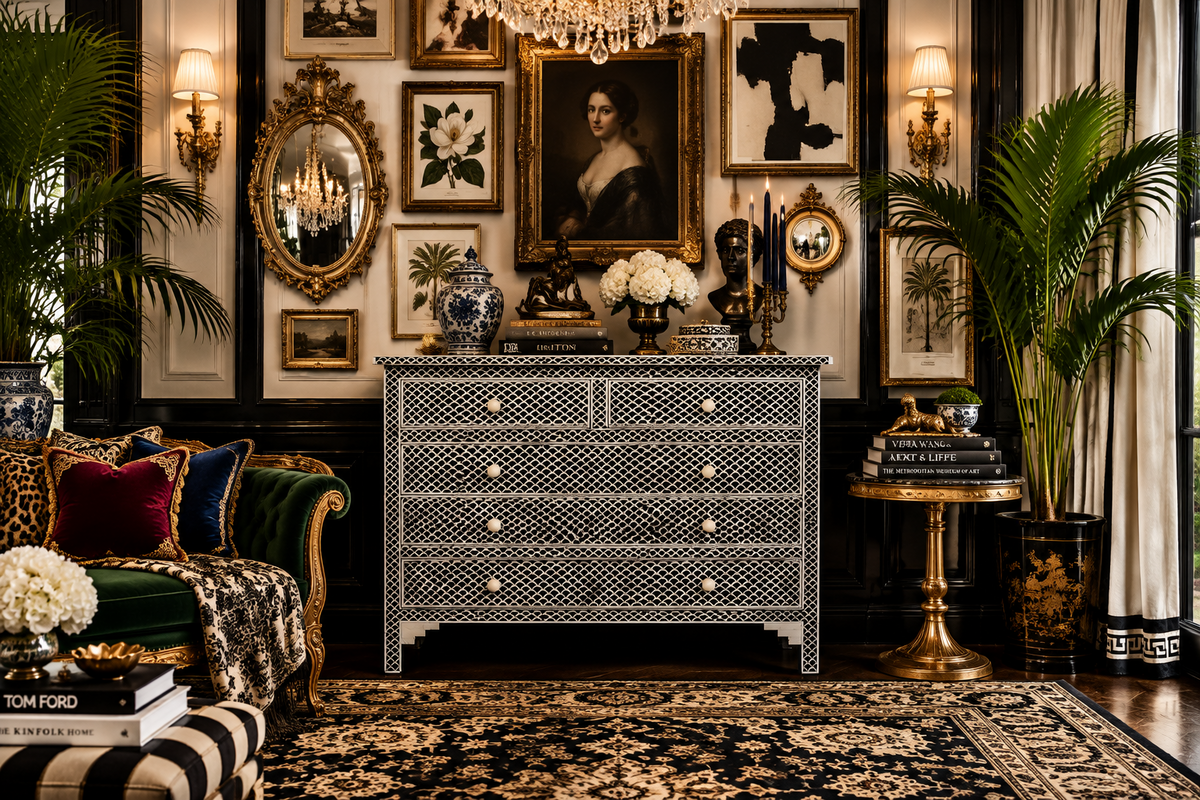 Fish Scale Pattern Bone Inlay Chest of 4 Drawers