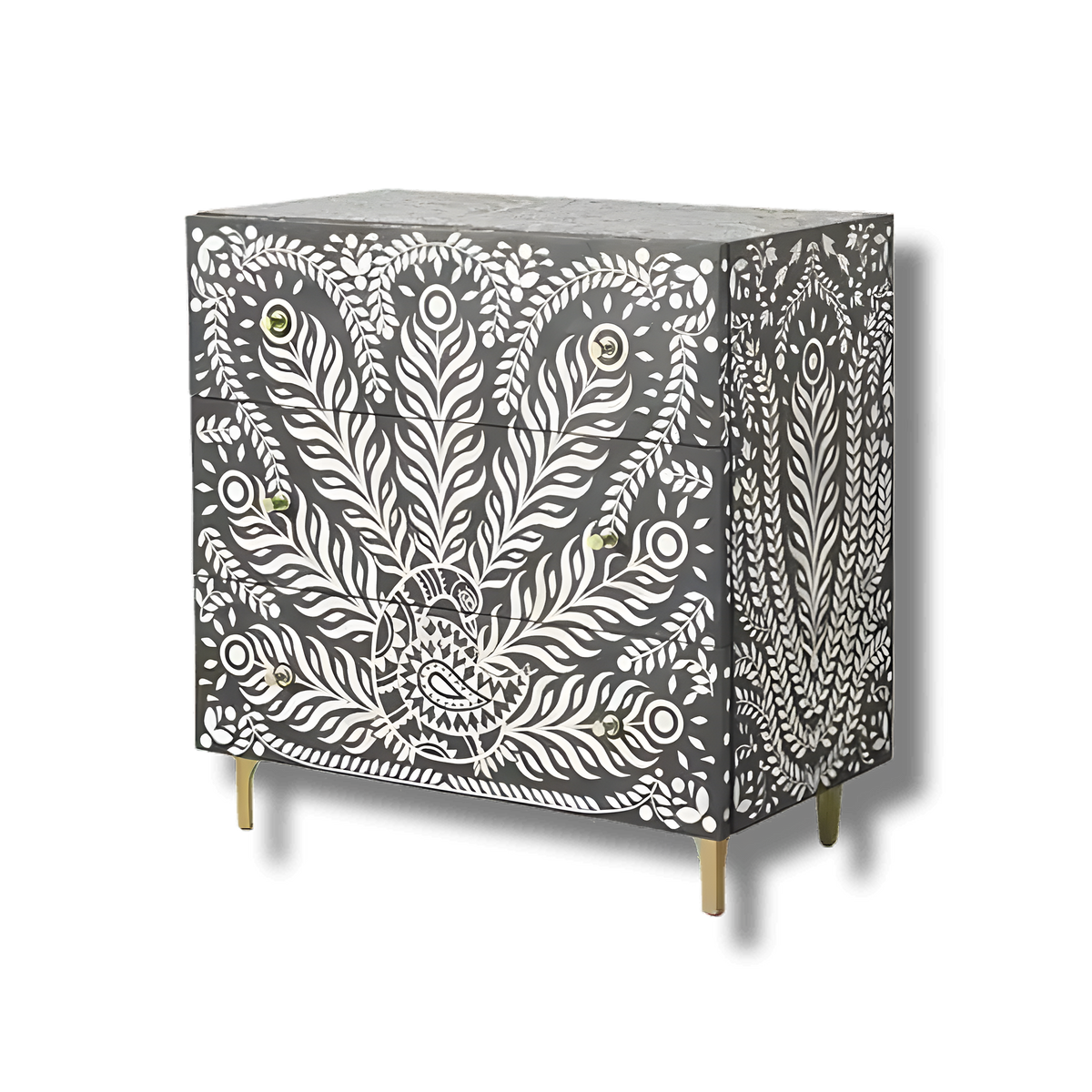 Peacock Design Bone Inlay 3 Drawers Dresser with white feather pattern on charcoal ground, brass legs, angled view