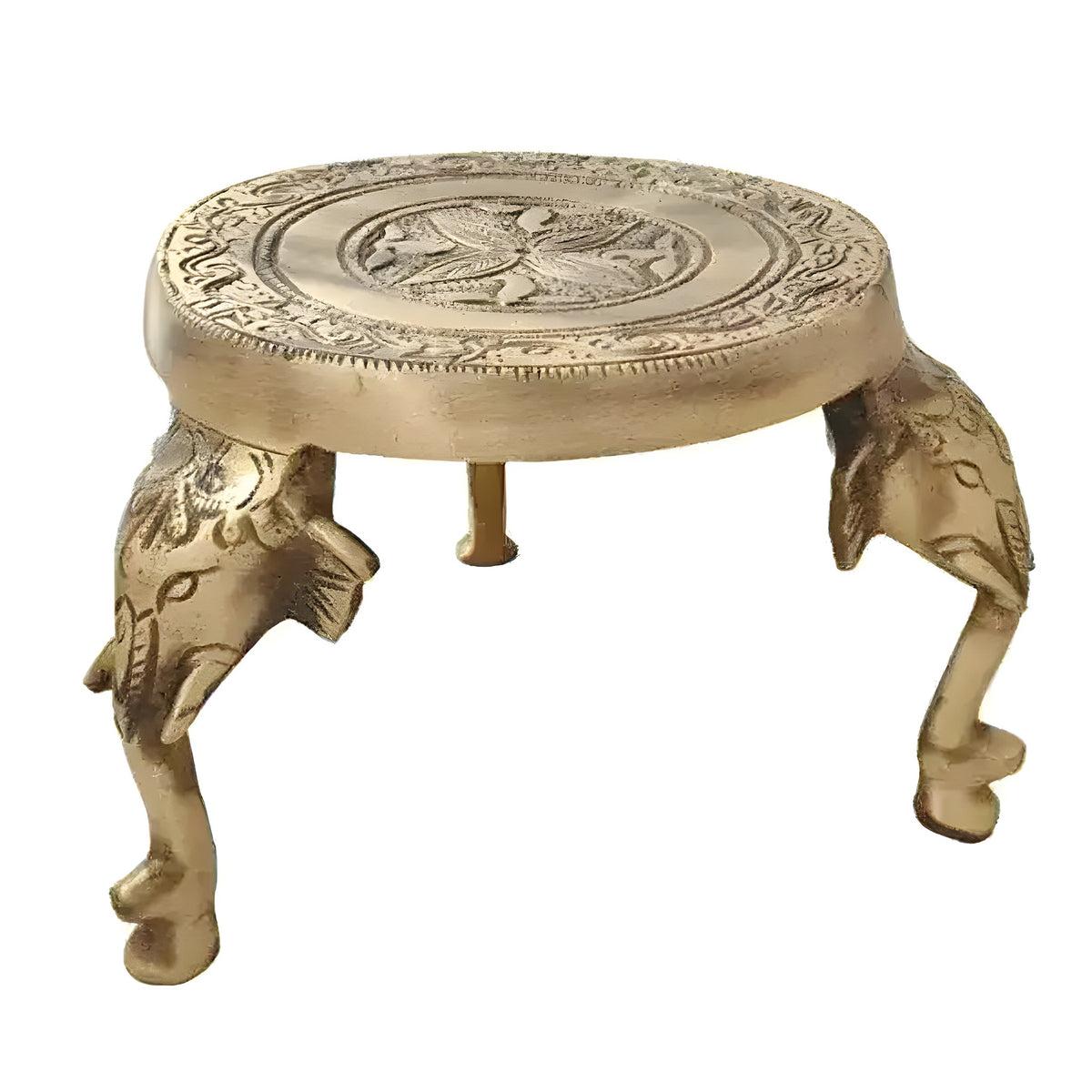 Antique gold brass elephant Indian chowki with four elephant-head legs and engraved round top surface