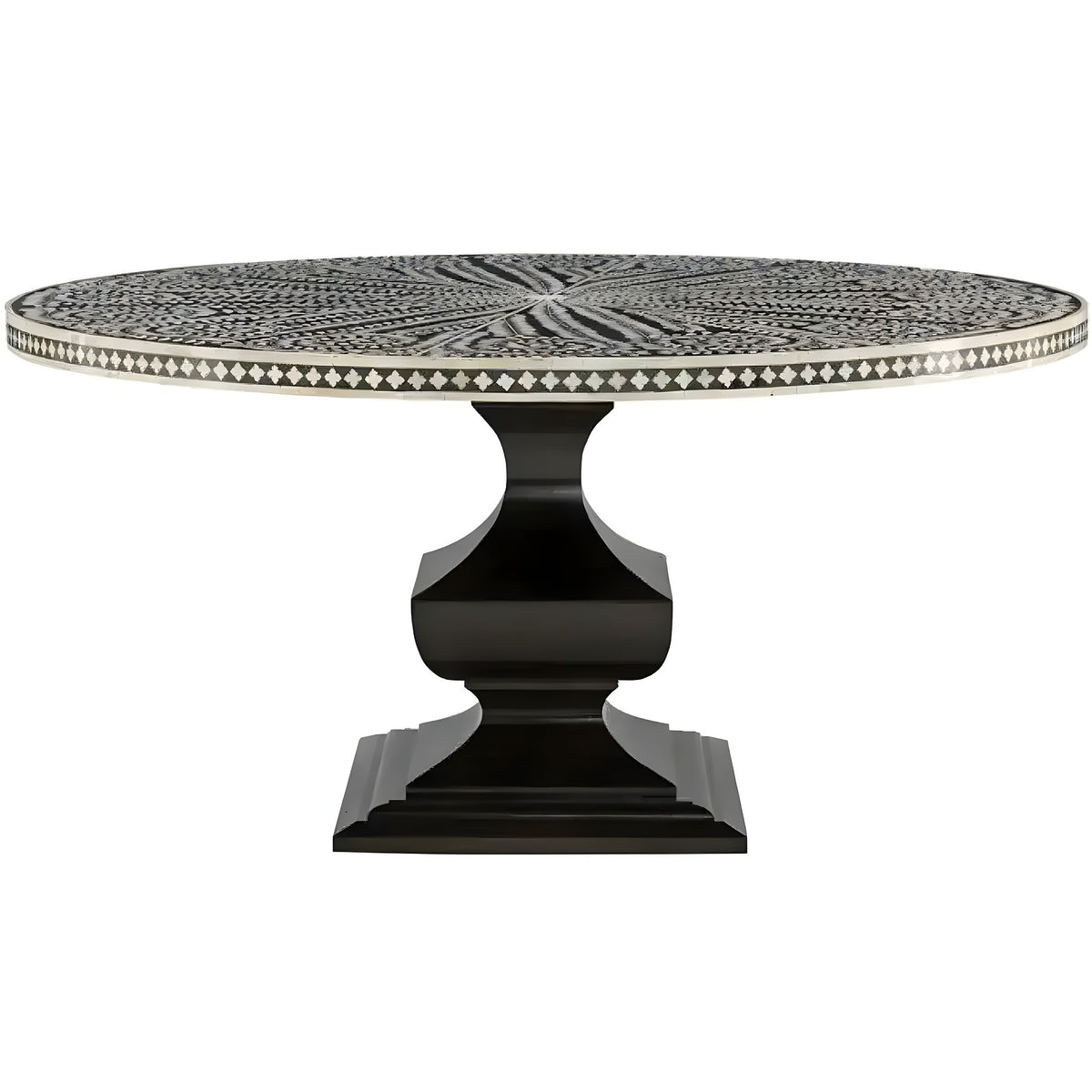 Lunar Bone Inlay round dining table with intricate black and white floral pattern top on black pedestal base