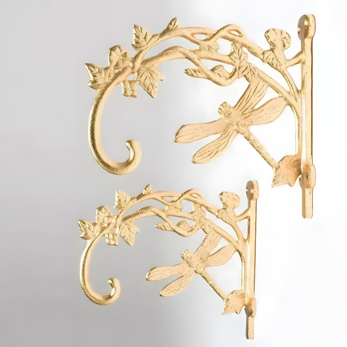 Golden Dragonfly Plant Wall Hangers set of 2, ornate gold cast metal with dragonfly and ivy leaf vine bracket hooks