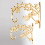 Golden Dragonfly Plant Wall Hangers set of 2, ornate gold cast metal with dragonfly and ivy leaf vine bracket hooks