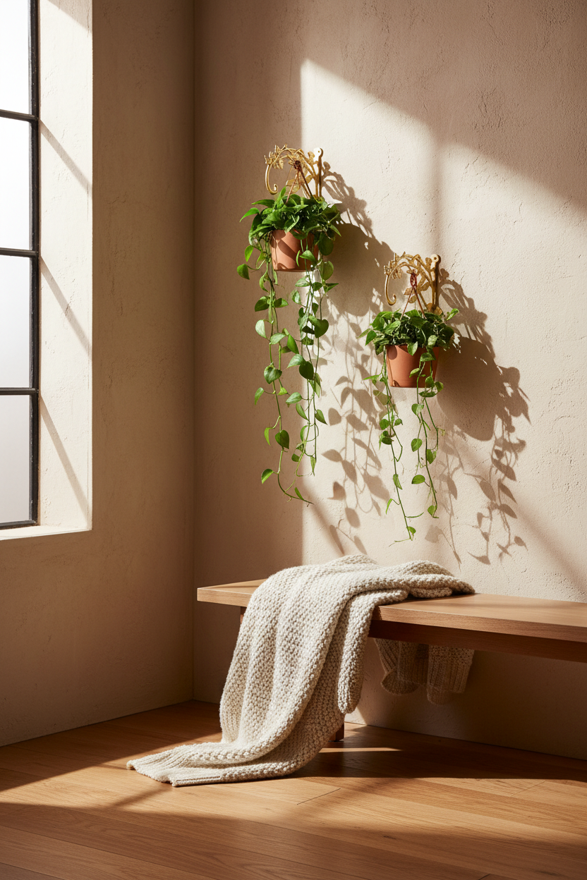A cozy interior corner with a wooden bench, draped cream knit blanket, two potted trailing green plants on a textured beige wall, and warm sunlight casting shadows across the floor.