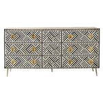 Black and white chevron bone inlay 9-drawer sideboard, front view, gold knobs, slim gold legs, white background