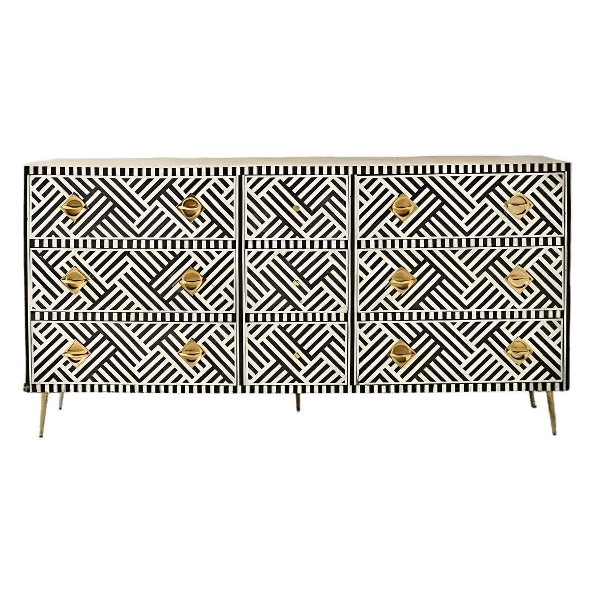Black and white chevron bone inlay 9-drawer sideboard, front view, gold knobs, slim gold legs, white background