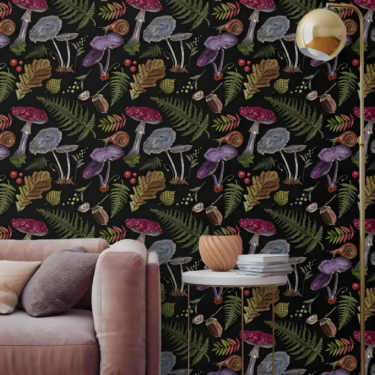 Dark botanical mushroom wallpaper with purple red grey fungi ferns snails behind pink sofa vignette