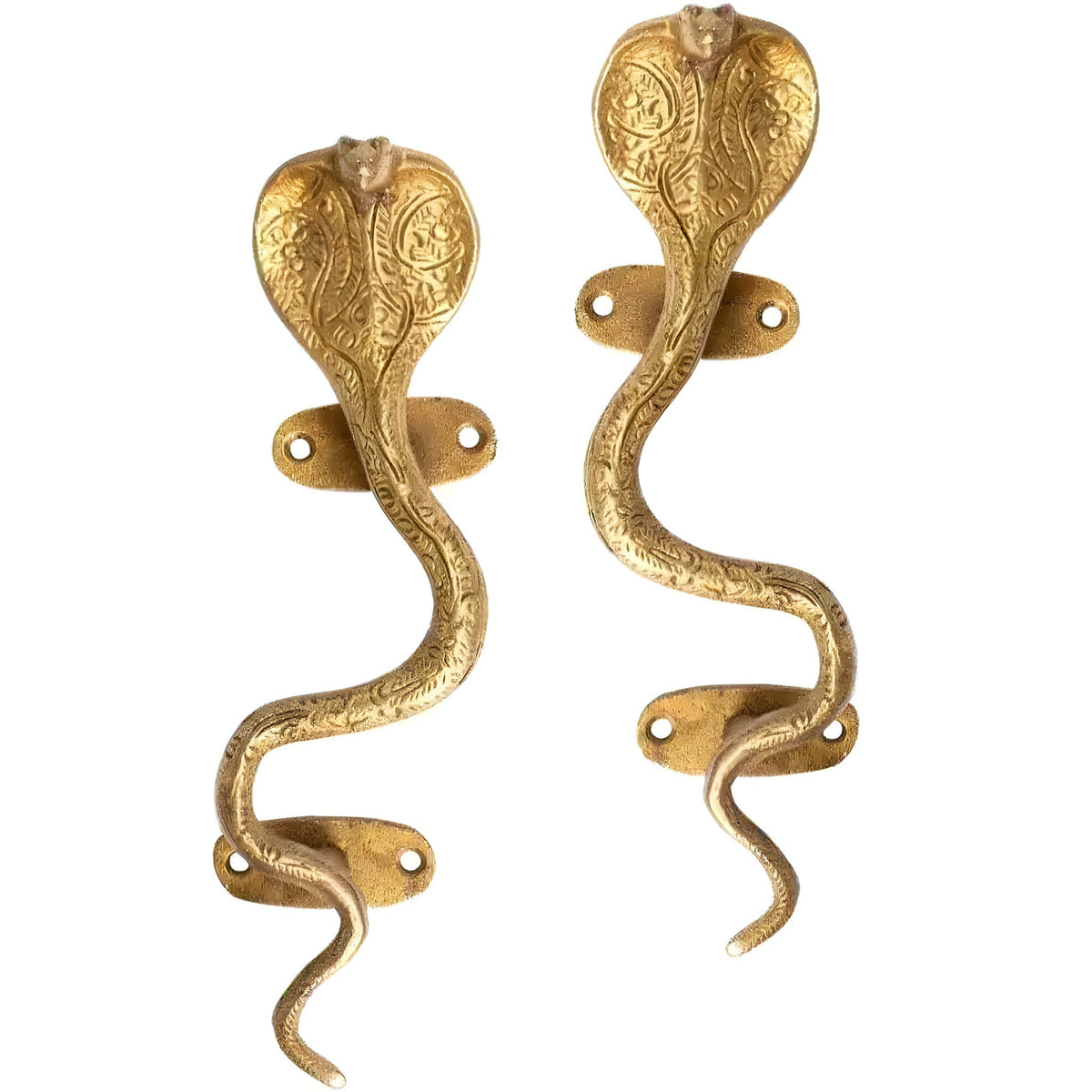 Pair of brass cobra door pulls with engraved serpent scales and flared hoods on white background