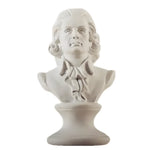 White matte resin Mozart bust sculpture with curly hair and ruffled cravat on pedestal, front view