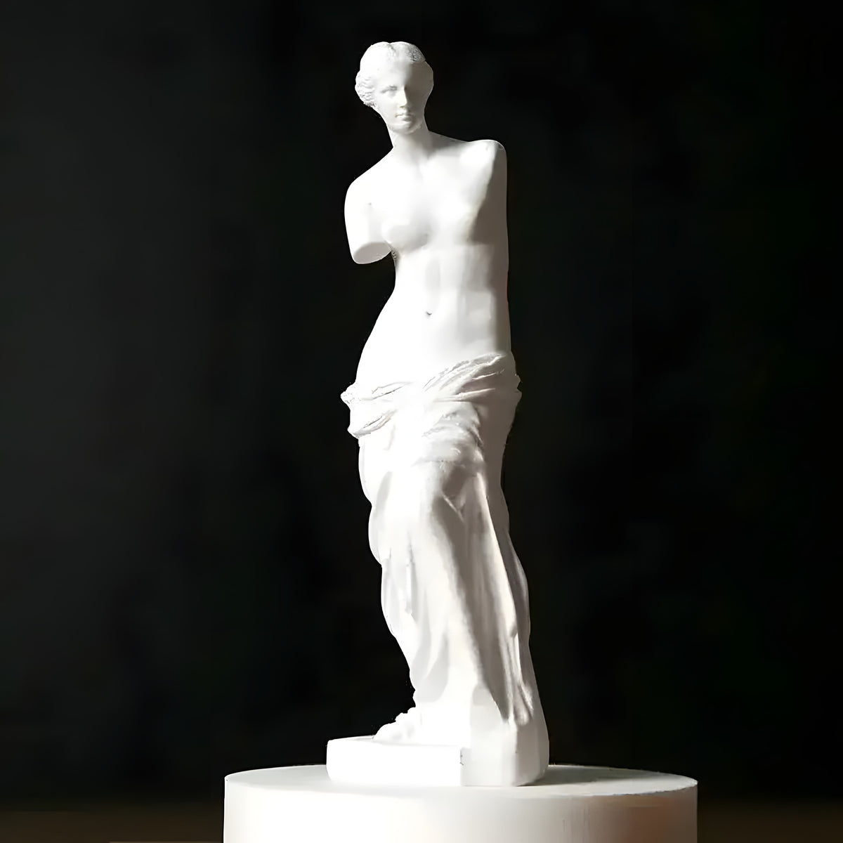 Venus Statue standing full-figure white resin goddess sculpture with flowing robes, on white background
