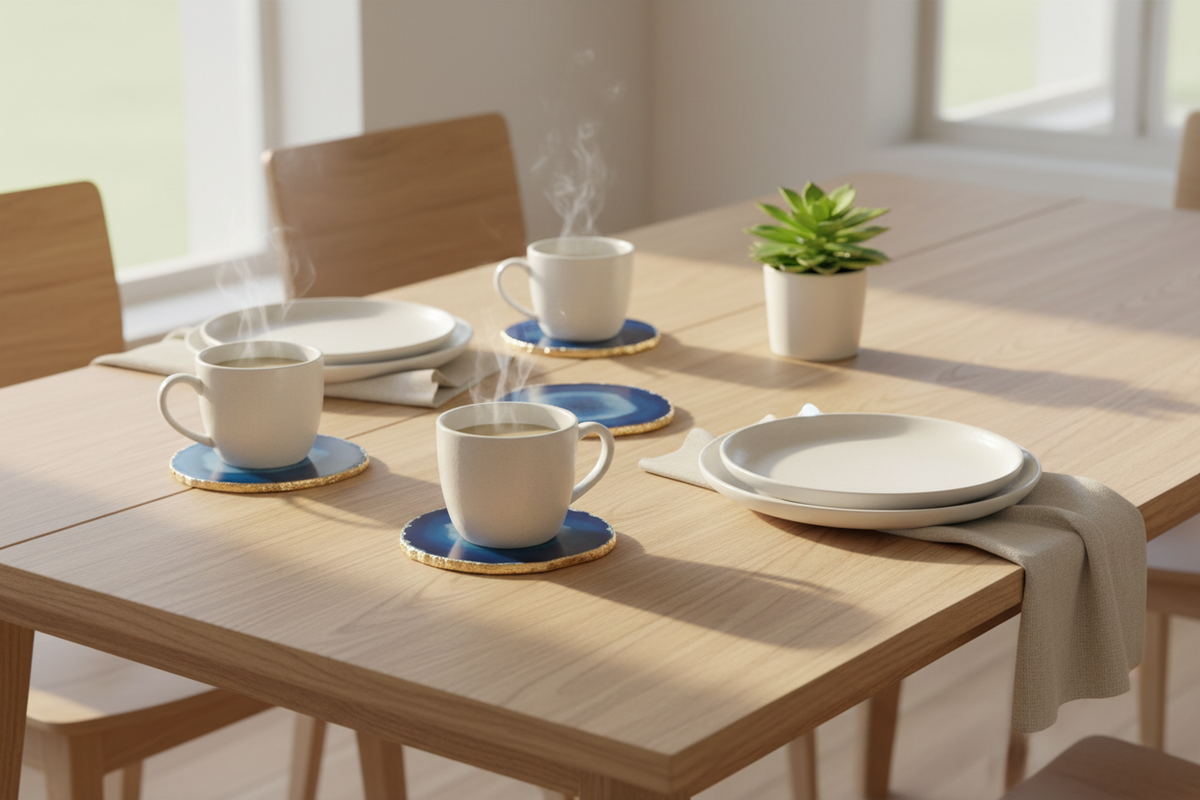 A styled dining table setup with four white ceramic mugs on blue coasters, white plates, beige napkins, and a small potted succulent on a light wood table in a bright room.