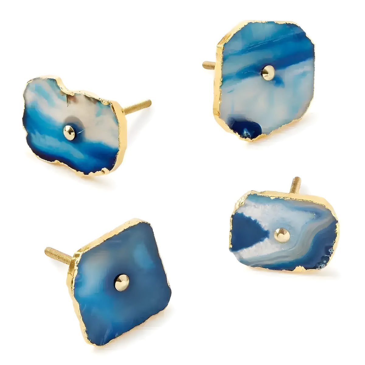Four blue agate cabinet drawer pulls with gold rim edges showing varied organic shapes and blue swirl patterns