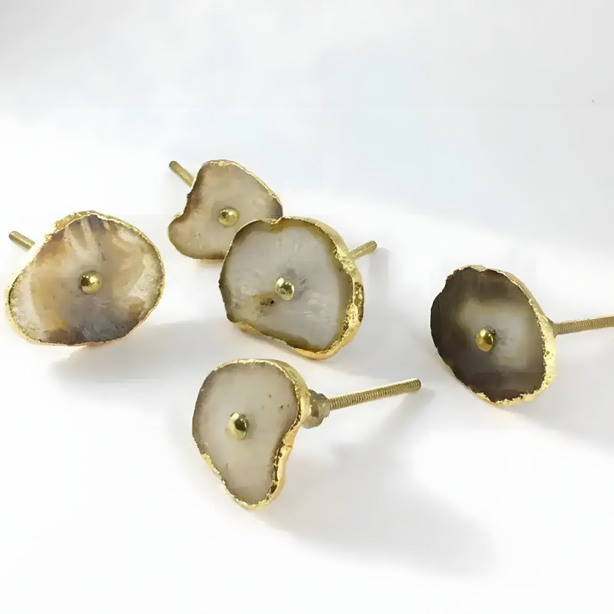 Gray Agate Drawer Pulls set on white background showing oval gray agate slices with metal mounting posts