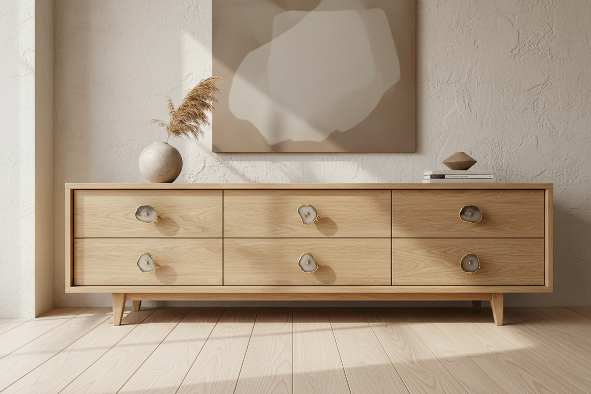 A light natural wood six-drawer sideboard or credenza with round metal knobs, styled in a minimalist room with a textured beige wall, a framed abstract print, and a vase with dried grass.