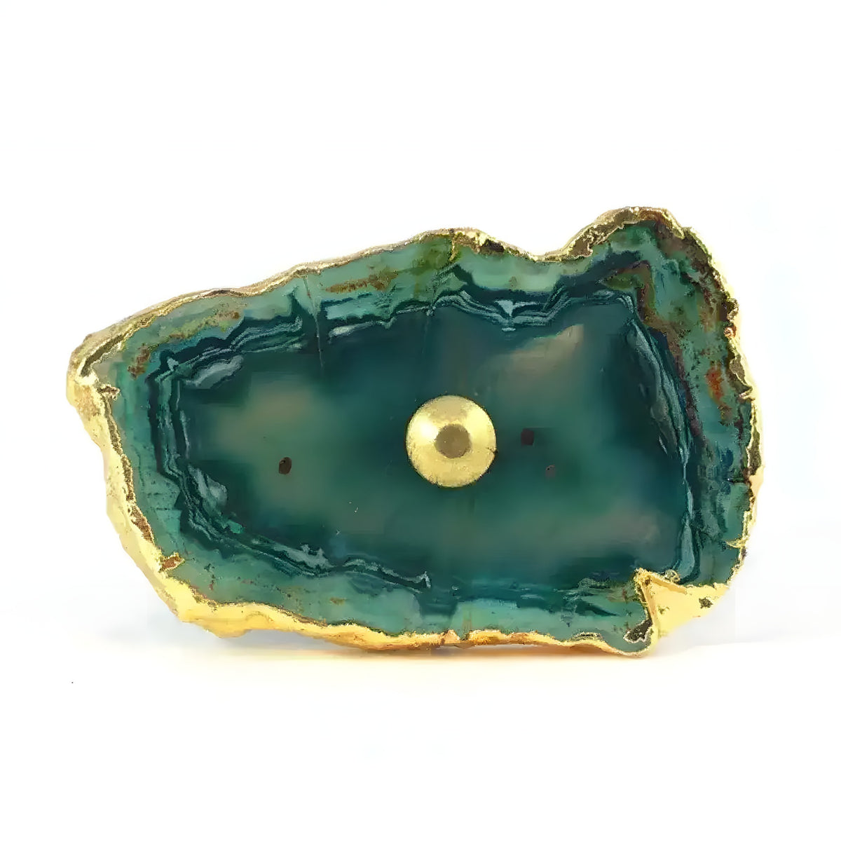 Green agate drawer pull with teal to dark blue banding and gold scalloped edge, gold brass mounting hardware