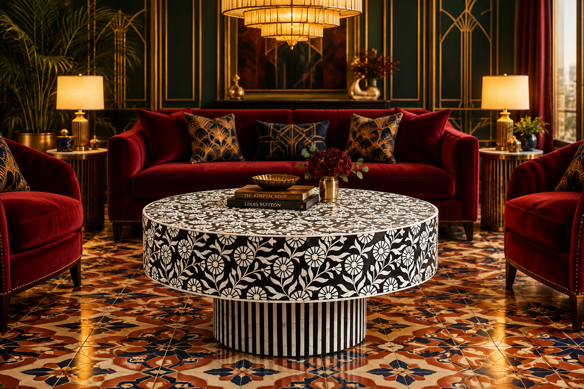 White Desi Bone Inlay Round Coffee Table