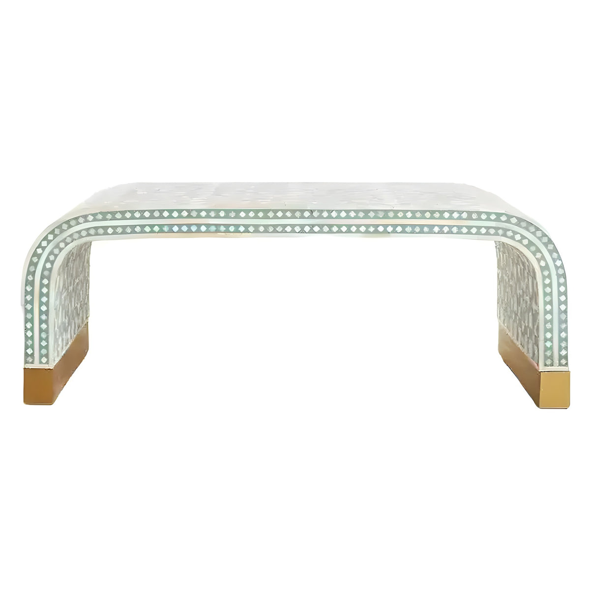 Marrakech Waterfall Bone Inlay Coffee Table with ivory and teal geometric diamond pattern, curved waterfall legs