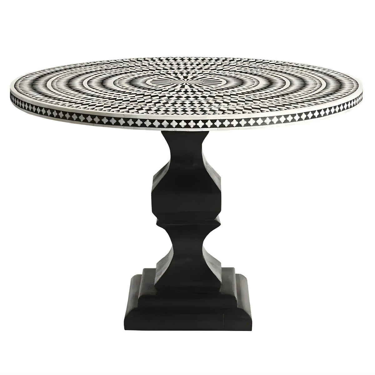 Round bone inlay dining table with black and white diamond mosaic, ornate baluster pedestal base, white background