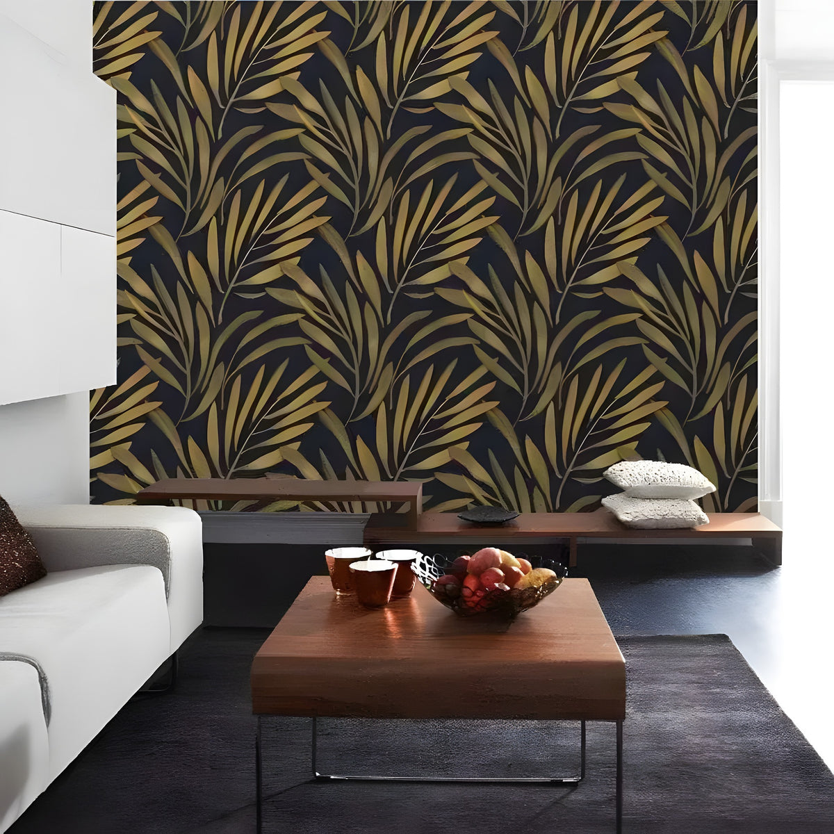 Black and golden tropical leaves wallpaper installed in modern living room with white sofa and wood coffee table