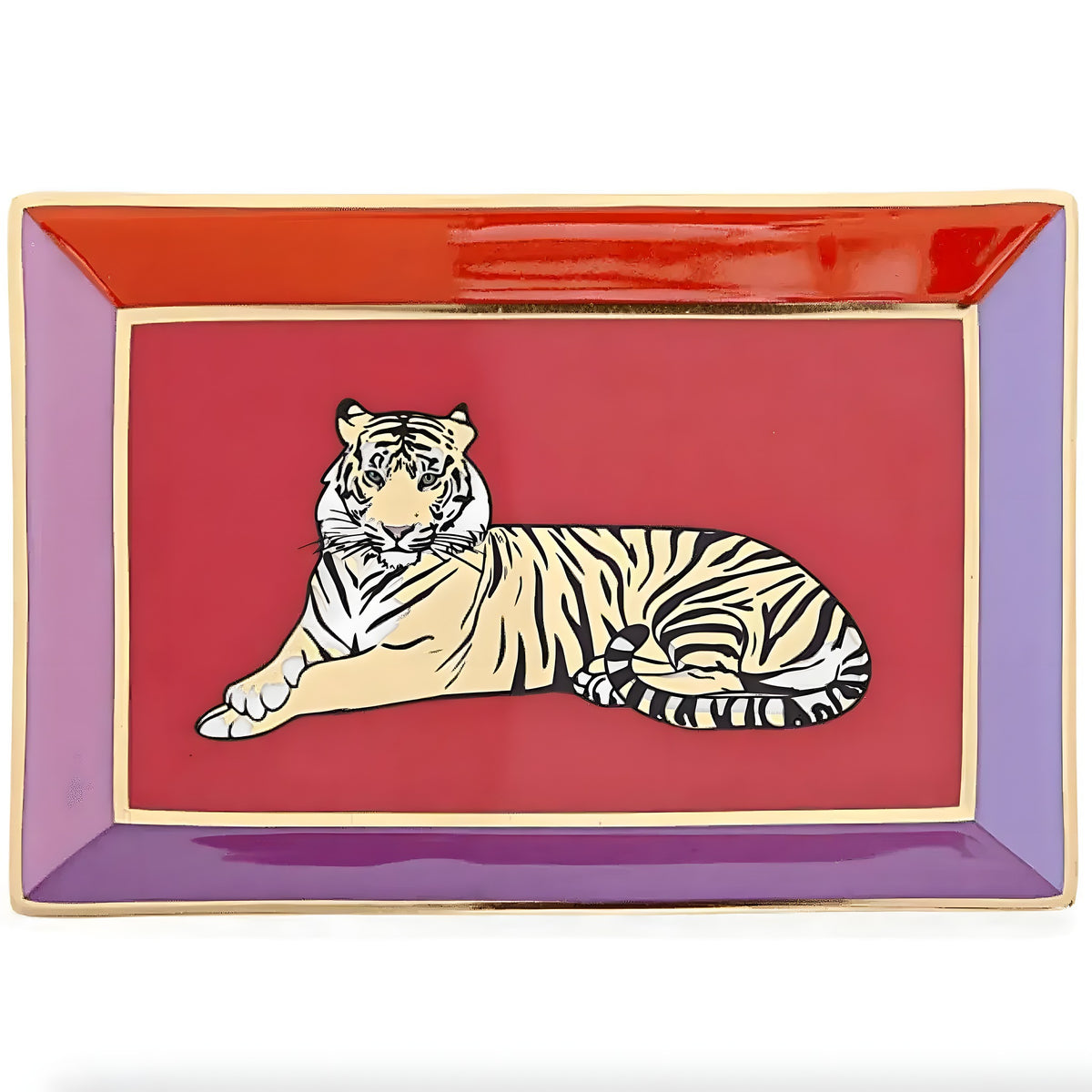 Rectangle safari tray with reclining tiger illustration on red field, purple lacquer border with gold trim