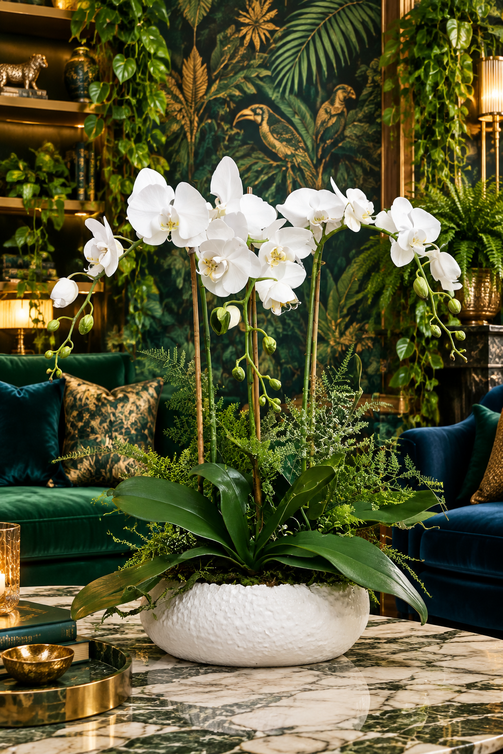 Real Touch 3 Stems White Phalaenopsis Arrangement in a White Ceramic Pot