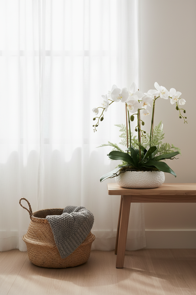 A styled interior scene with a potted white orchid and green foliage in a textured white pot, placed on a light wood bench beside a woven basket with a gray knit throw, set in front of sheer white curtains.