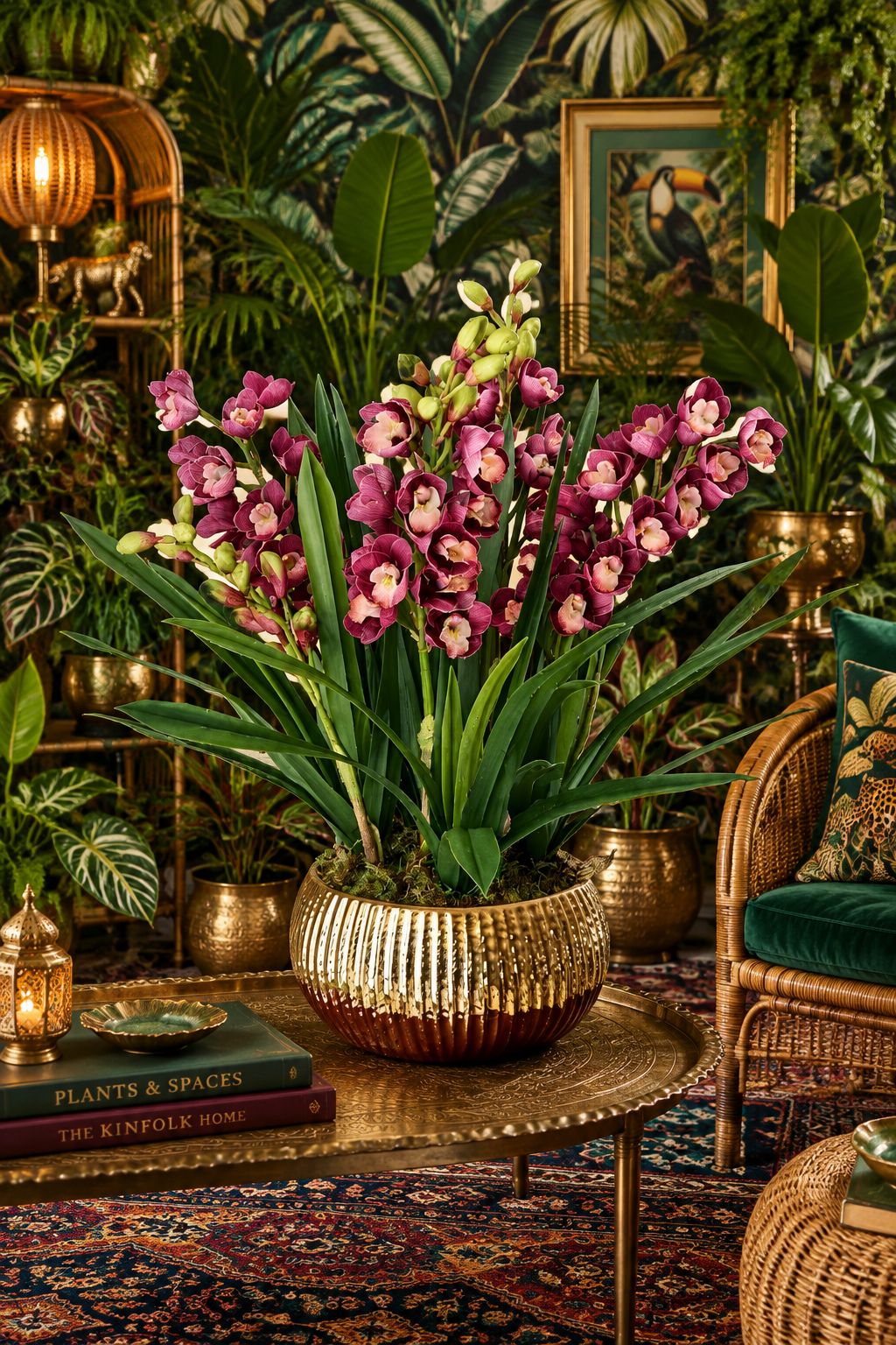 Real Touch PEVA Purple Cymbidium Orchid Arrangement in Golden Pot
