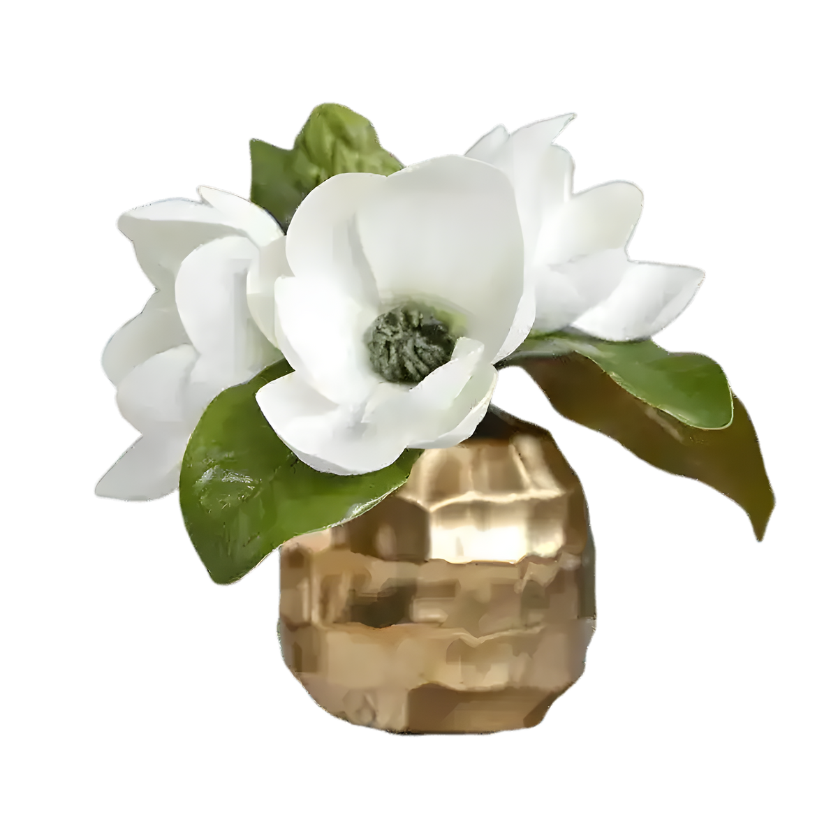 White artificial magnolia blooms with green leaves in small faceted gold pot, gray background