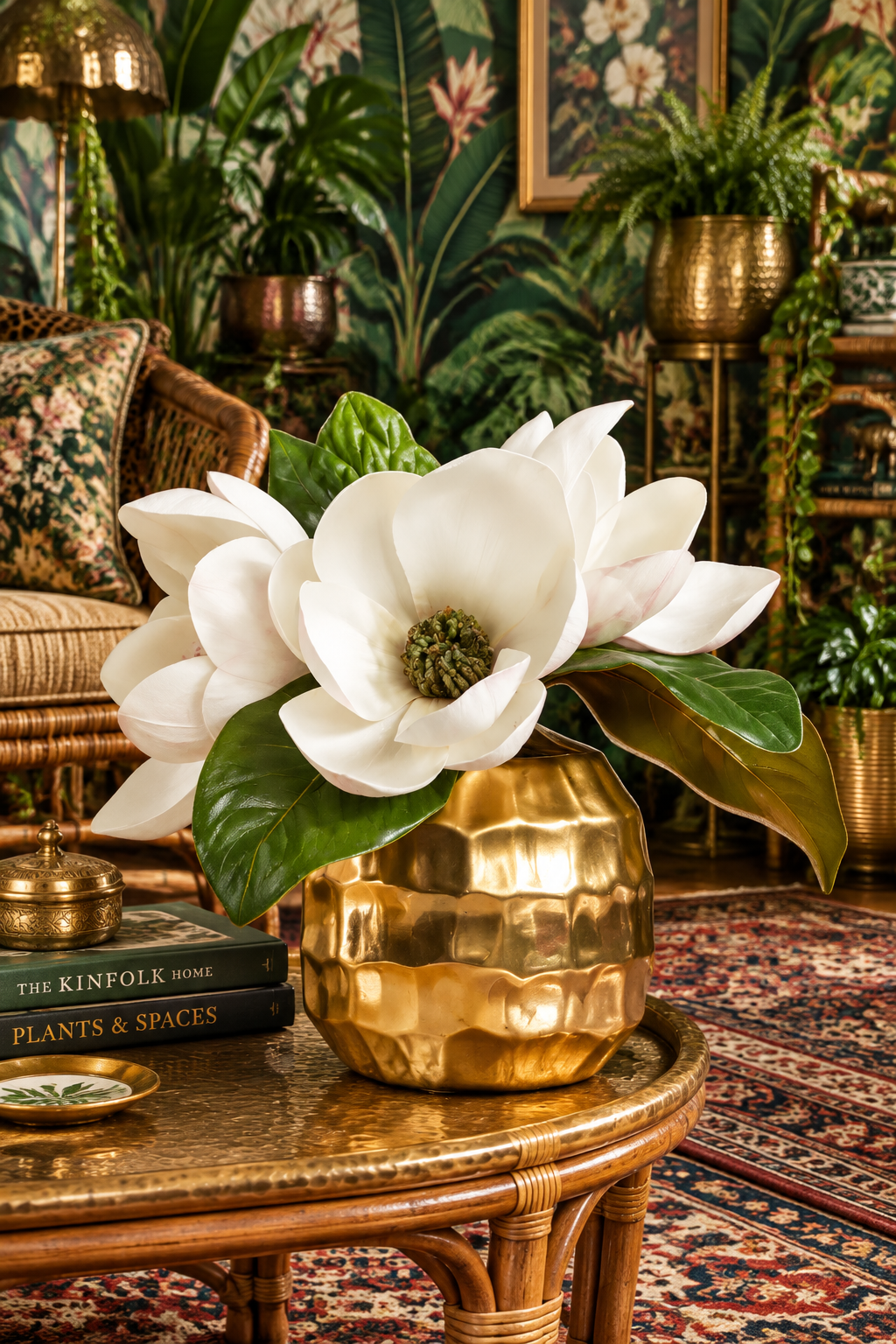 Artificial Magnolia Arrangement in a Gold Pot