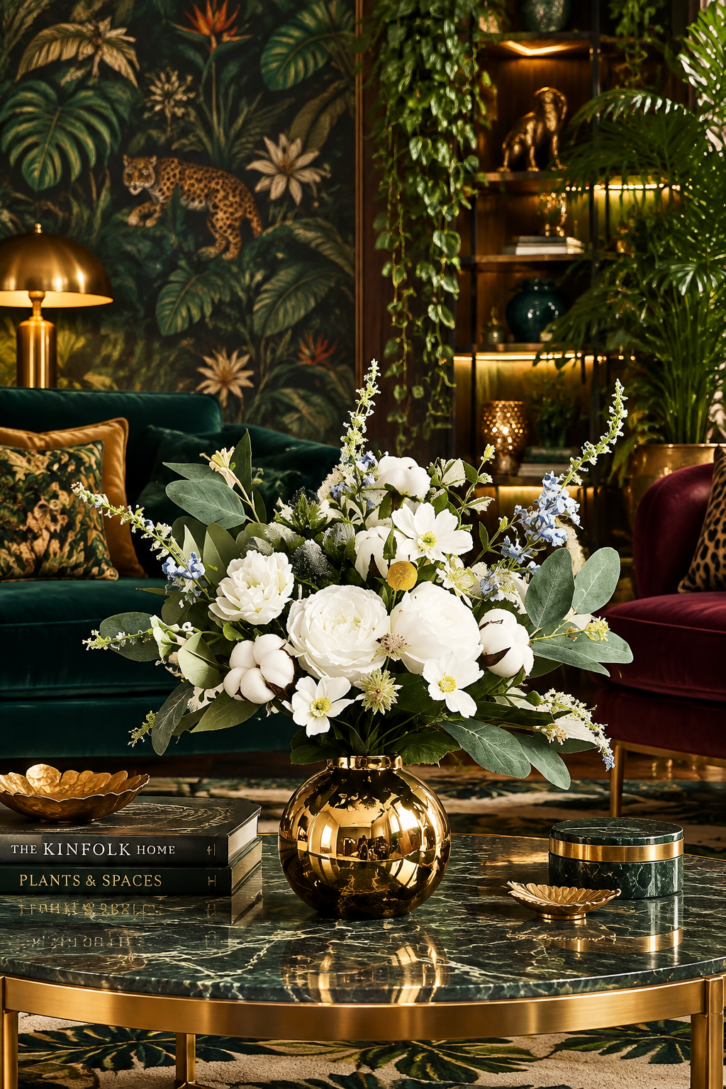 White Cotton Rose Floral Arrangement in a Gold Pot