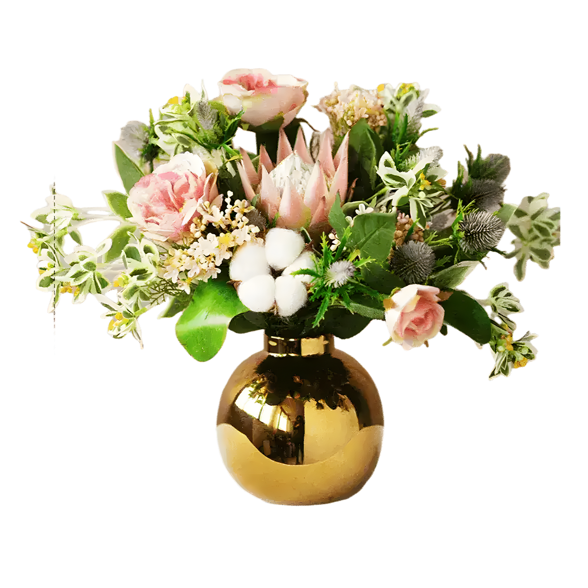 Cotton rose floral arrangement with pink roses, protea, cotton bolls, and thistles in a round shiny gold pot