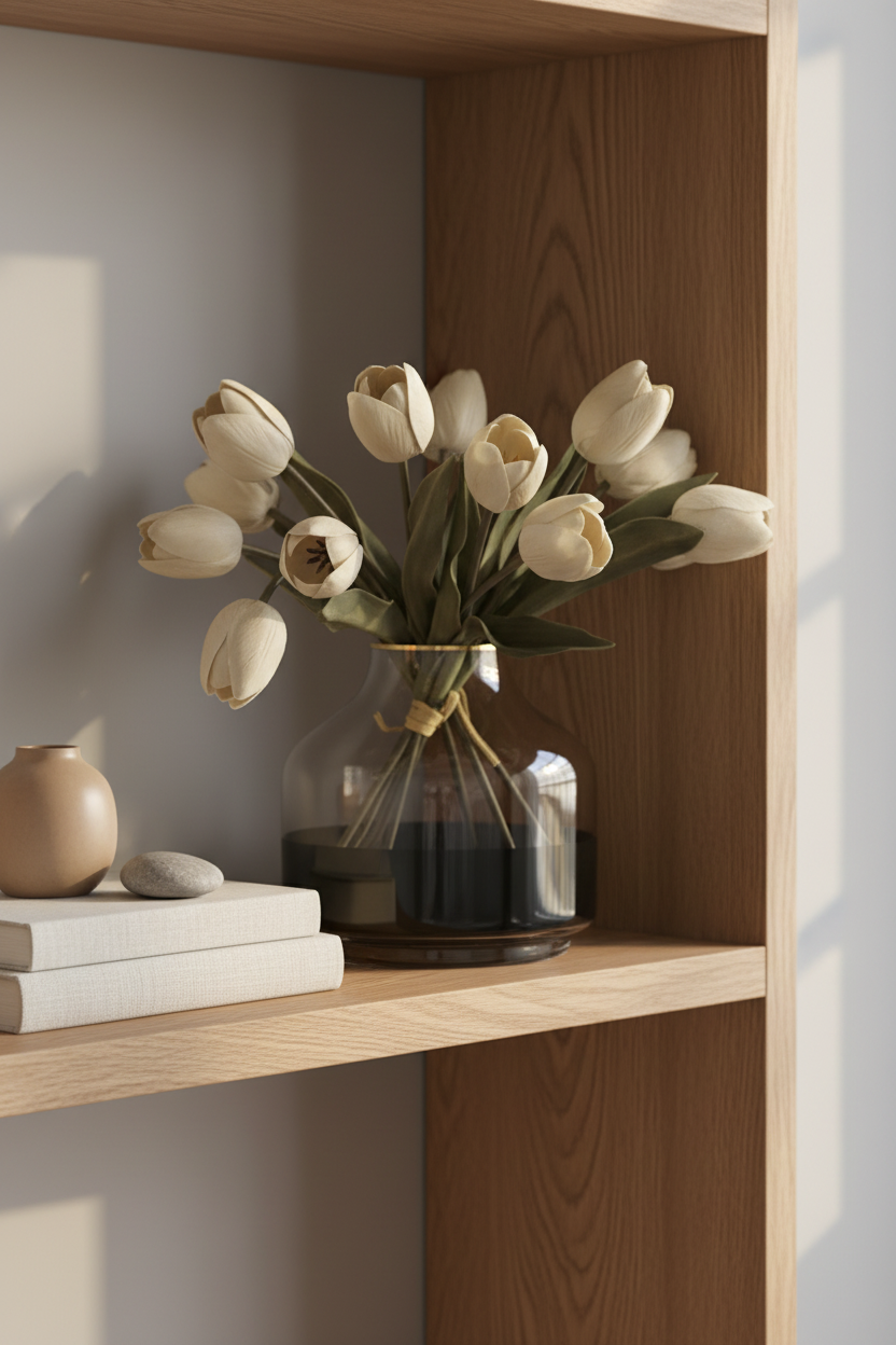 A bouquet of cream-colored tulips in a clear glass vase with a gold band, styled on a wooden shelf next to books and a small ceramic pot.