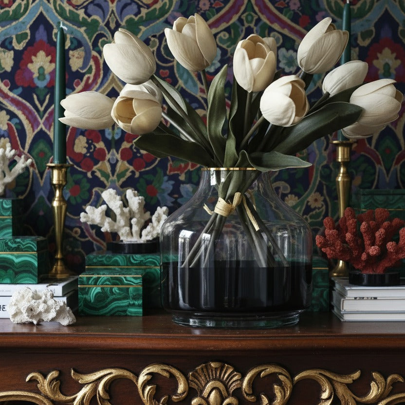 Real Touch Artificial Tulip With Melancholy Feature styled in a room setting