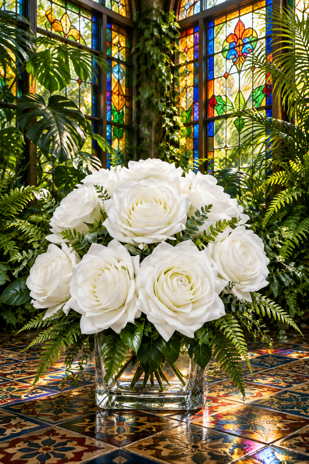 Real Touch Faux White Silk Rose Centerpiece Arrangement in Fake Water