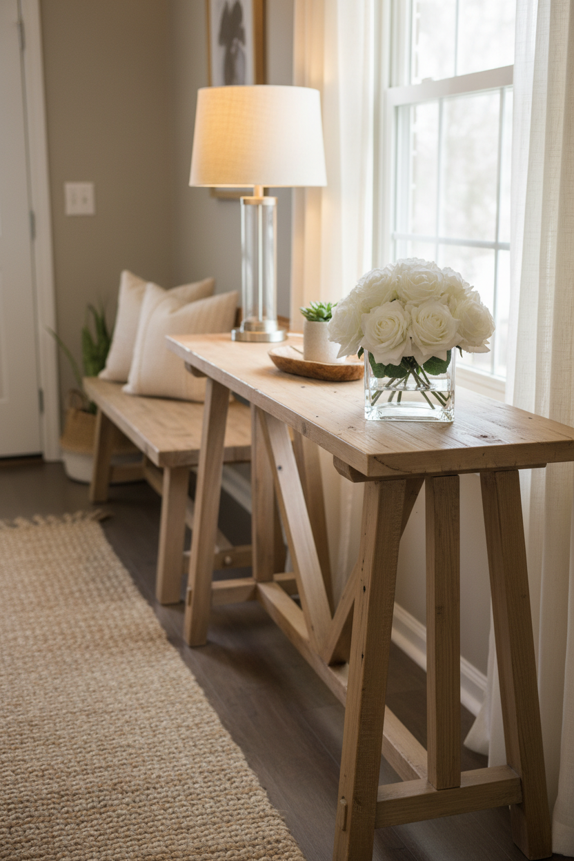 A rustic light wood console table with trestle-style legs in a bright, modern living room setting. The table is styled with a white rose bouquet in a glass vase, a clear glass table lamp, and a small potted succulent.