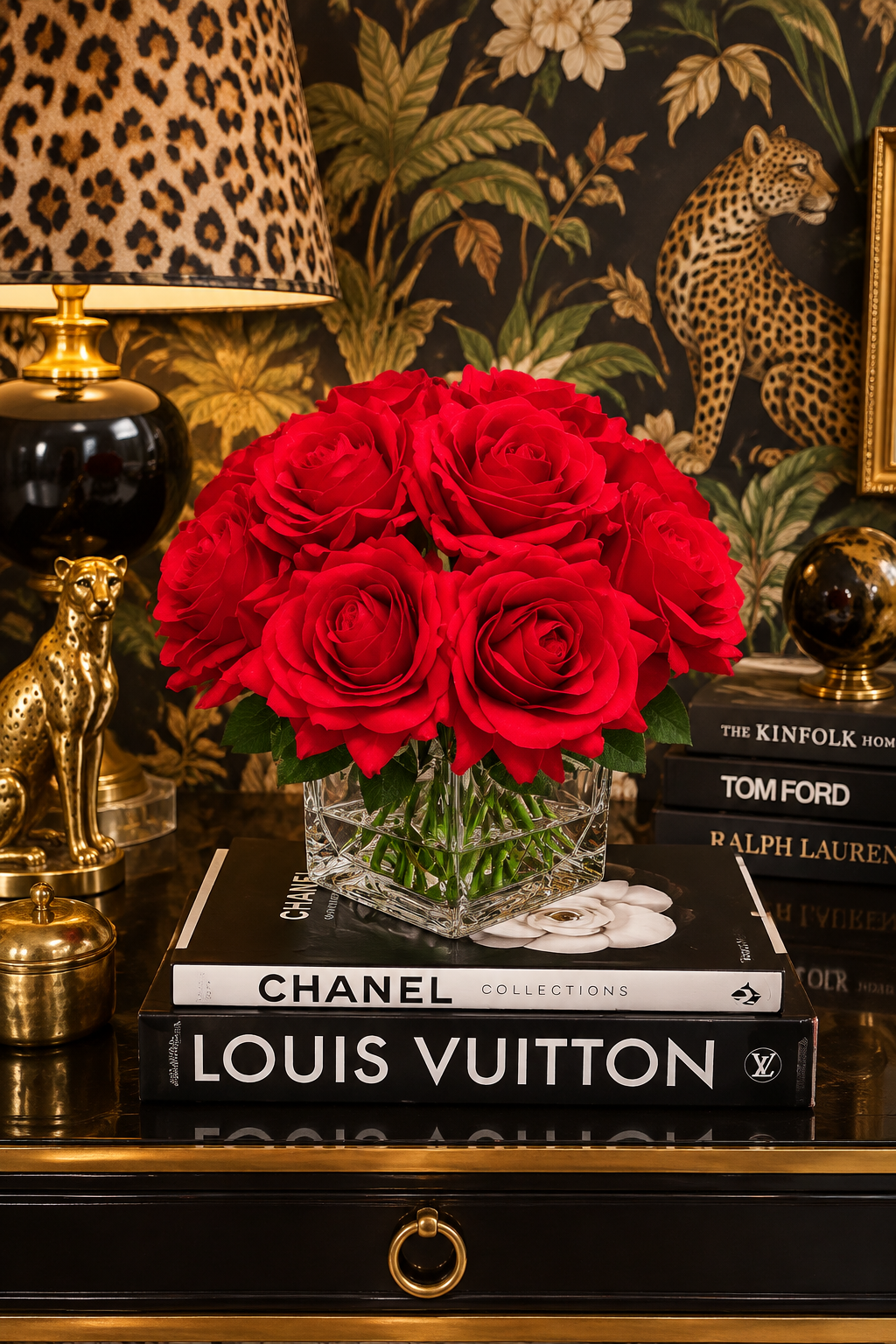 Real Touch Faux Red Silk Rose Centerpiece Arrangement in Fake Water